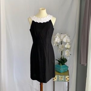Black linen dress white lace neckline midi size 8